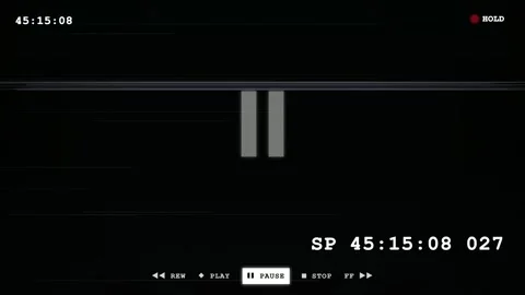 Vintage VHS Pause Screen with Glitch Effects and Digital Timecode on Black 스톡 동영상 345755643