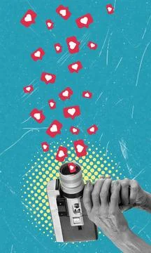 A vintage video camera is shown with hands holding it. Hearts are flying out  Stock Photos