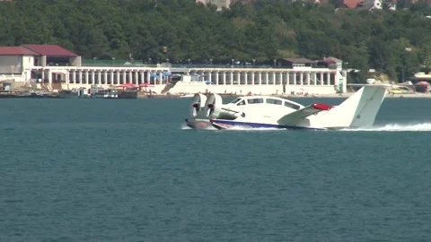 Vintage video. Multi-purpose ekranoplan Oriole  floats like boat. Stock Footage 132979707