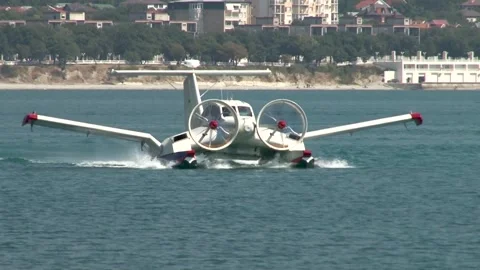 Vintage video. Multi-purpose ekranoplan Oriole  floats like boat. Stock Footage 132980257