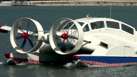 Vintage video. Multi-purpose ekranoplan Oriole  floats like boat. Stock Footage 132980347
