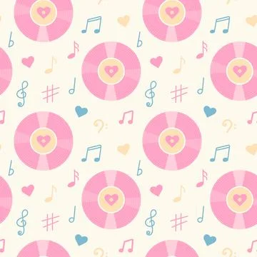 Vintage vinyl record, music notes, hearts pattern 스톡 일러스트