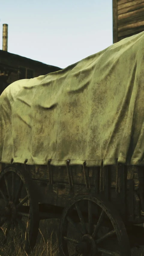 Vintage wagon resting in a rustic western town at sunset Stock Footage 315872756