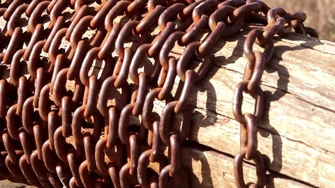 Vintage water well chain close up. Old rusty chain of the village well Stock Footage