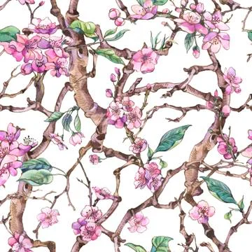 Vintage watercolor spring garden seamless background with pink f Stock Illustration