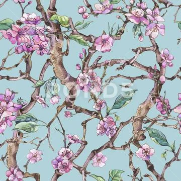 Vintage watercolor spring garden seamless background with pink f Stock Illustration