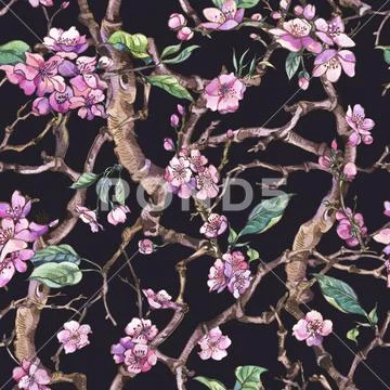 Vintage watercolor spring garden seamless background with pink f Stock Illustration