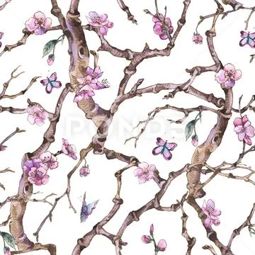 Vintage watercolor spring garden seamless pattern with pink flow Stock Illustration