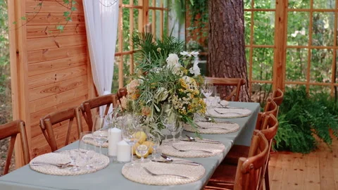 Vintage Wedding Table Setup Inside Wooden Hall Stock Footage 307139579