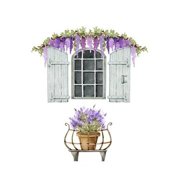 Vintage window with wooden shutters and flowers, watercolor illustration. Stock Illustration