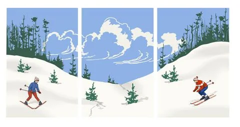 Vintage winter poster set in triptych featuring skiers, snowy hills, evergree Stock Illustration