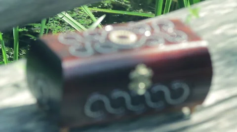 Vintage wooden chest with copper patterns Stock Footage 49628631