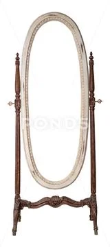 Vintage wooden ornate elliptical cheval standing dressing mirror Stock Photos