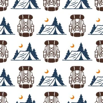 Vintage woods camp seamless pattern background travel hand drawn emblems nature Ilustração Stock