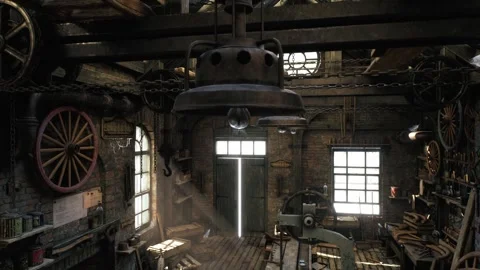 Vintage Woodworking Workshop Interior Descending Reveal Stock Footage 342482631