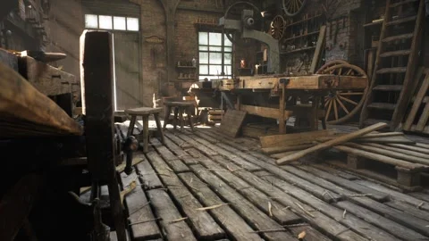 Vintage Woodworking Workshop Interior Forward Tracking Shot Stock Footage 342483955
