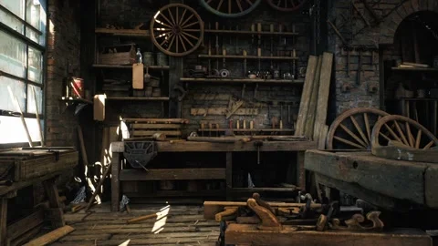 Vintage Woodworking Workshop Interior Rightward Tracking Shot Stock Footage 342491062