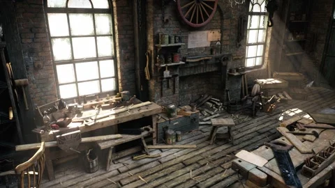 Vintage Woodworking Workshop Interior Slow Leftward Reveal Stock Footage 342484988