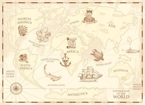 Vintage world map with compass and mountains. Sea creatures in the ocean. Aged Stock Illustration