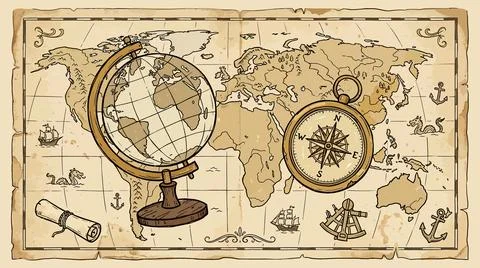 Vintage world map with compass globe and old navigation tools for travel ad.. Stock Illustration