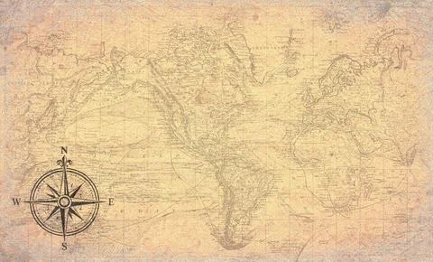 Vintage World Map Paper Background Compass Rose Stock Illustration