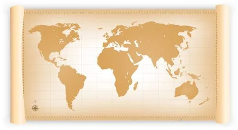 Vintage world map on parchment scroll Stock Illustration