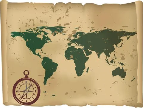 Vintage World Map With Rustic Compass Illustrazione stock