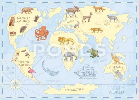 Vintage world map with wild animals and mountains. Sea creatures in the ocean Stock Illustration