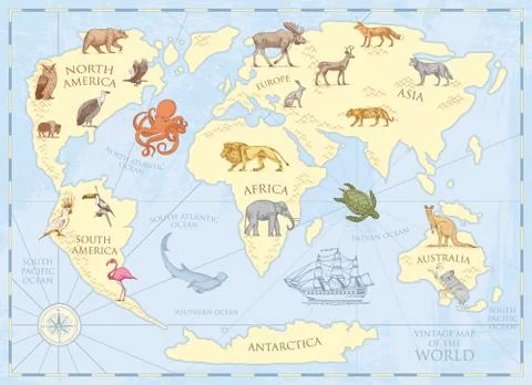 Vintage world map with wild animals and mountains. Sea creatures in the ocean Stock Illustration