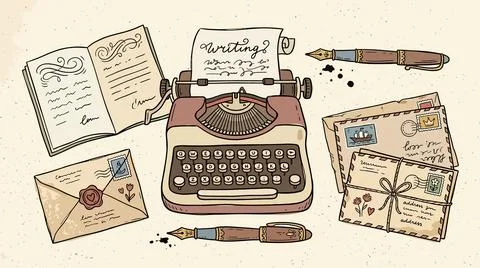 Vintage writing set featuring manual typewriter antique pens and sealed let.. Stock Illustration