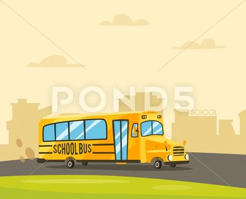 Vintage yellow school bus. Cartoon vector illustration ~ Clip Art #66444371