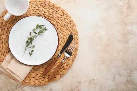 Vintage zero waste silverware. Rustic vintage set of white plate, wooden spoo Stock Photos