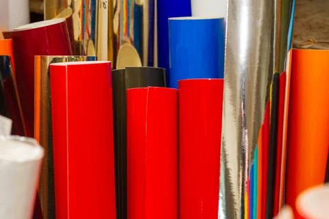 Vinyl car wrapping or plotter cutting sticker foil film rolls. Film colored i Foto stock