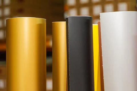 Vinyl car wrapping or plotter cutting sticker foil film rolls. Film colored i Stock Photos