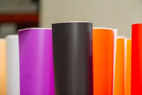 Vinyl car wrapping or plotter cutting sticker foil film rolls. Film colored i Foto stock
