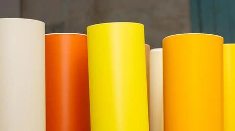 Vinyl car wrapping or plotter cutting sticker foil film rolls. Film colored i Foto stock