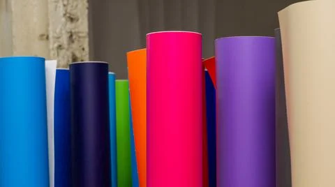 Vinyl car wrapping or plotter cutting sticker foil film rolls. Film colored i Foto stock