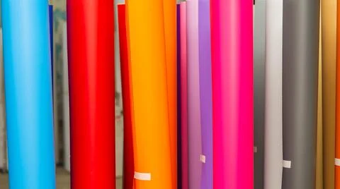 Vinyl car wrapping or plotter cutting sticker foil film rolls. Film colored i Stock Photos