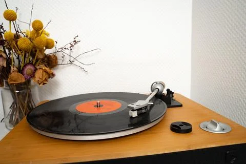 Vinyl disk on player in playing position Stock Photos