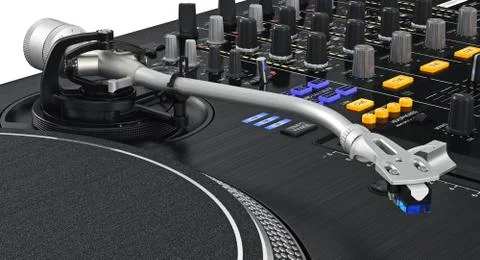 Vinyl needle dj turntable studio, close view Stock Illustration