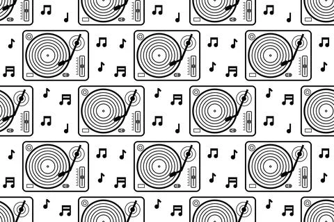 Vinyl player seamless pattern. Black and white Stock Illustration