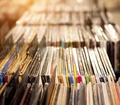 Vinyl record collection. Selection of discs at music store. Stock-Fotos