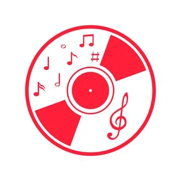 Vinyl record icon with notes. Red, cartoon vinyl record icon with notes Stock Illustration