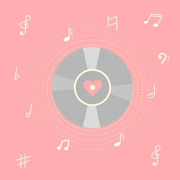 Vinyl record with notes and heart. Stock Illustration