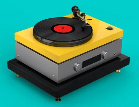 Vinyl record player or DJ turntable with retro vinyl disk on green background Stock Illustration