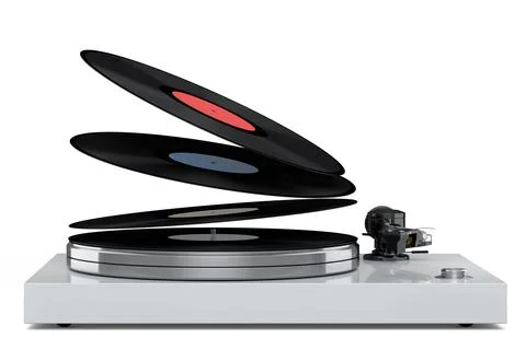 Vinyl record player or DJ turntable with flying vinyl plate on white background. Stock Illustration