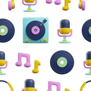 Vinyl record player seamless pattern in cute 3d style, vector illustration on Stockillustratie