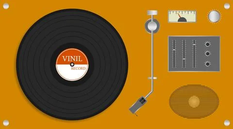 Vinyl record player turntable top view vector flat illustration retro audio. Stock Illustration