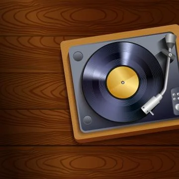 Vinyl record player on wooden background Stock Illustration