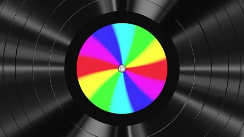 Vinyl record with rainbow gradient striped label looping 3D animation Stock Footage 219829523